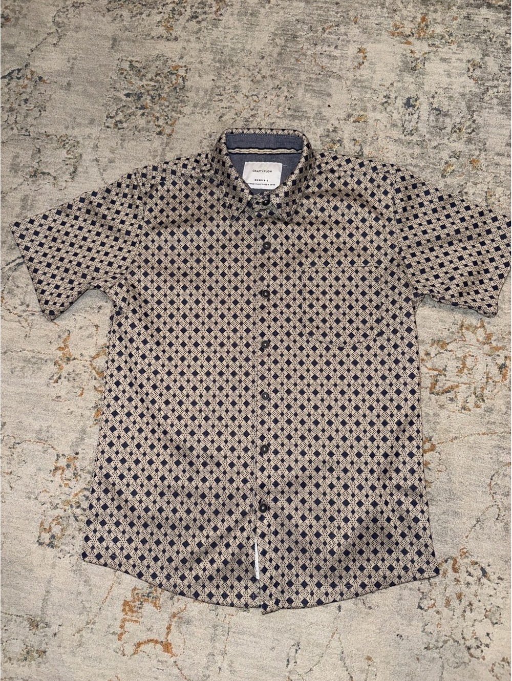 Craft + Flow Boys Size 8 S Tan Navy Geometric Short Sleeve Button Up